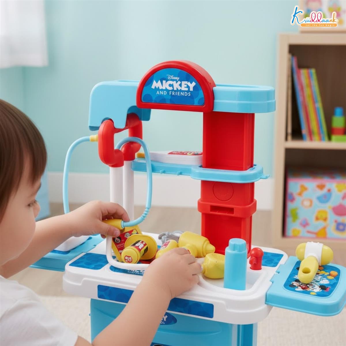 Kriiddaank Mickey Disney Doctor Set for Kids - 9 Pcs Medical Kit Trolley Toy with Lights, Educational Pretend Play for Boys & Girls Age 3+, Portable Role Play Doctor Kit Gift (Red)