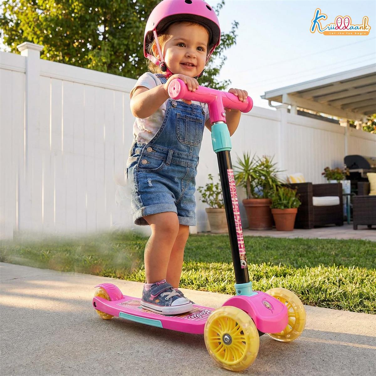 Kriiddaank Barbie Adventure 3-Wheel Kick Scooter for Kids (Ages 3-12), 5-Level Adjustable Height & Easy Fold Design, PVC Wheels, 25kg Weight Capacity, Pink