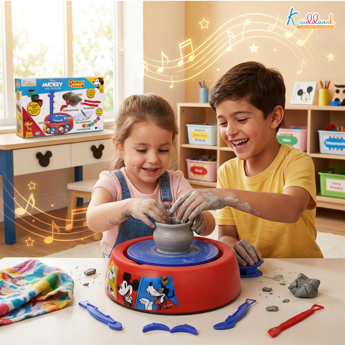 Disney Mickey Mouse Pottery Wheel Modeling Set - Complete Arts & Crafts Clay Sculpting Kit with 800g Clay, Paints & Tools - Educational DIY Gift for Boys & Girls 8+ Years - Battery Operated