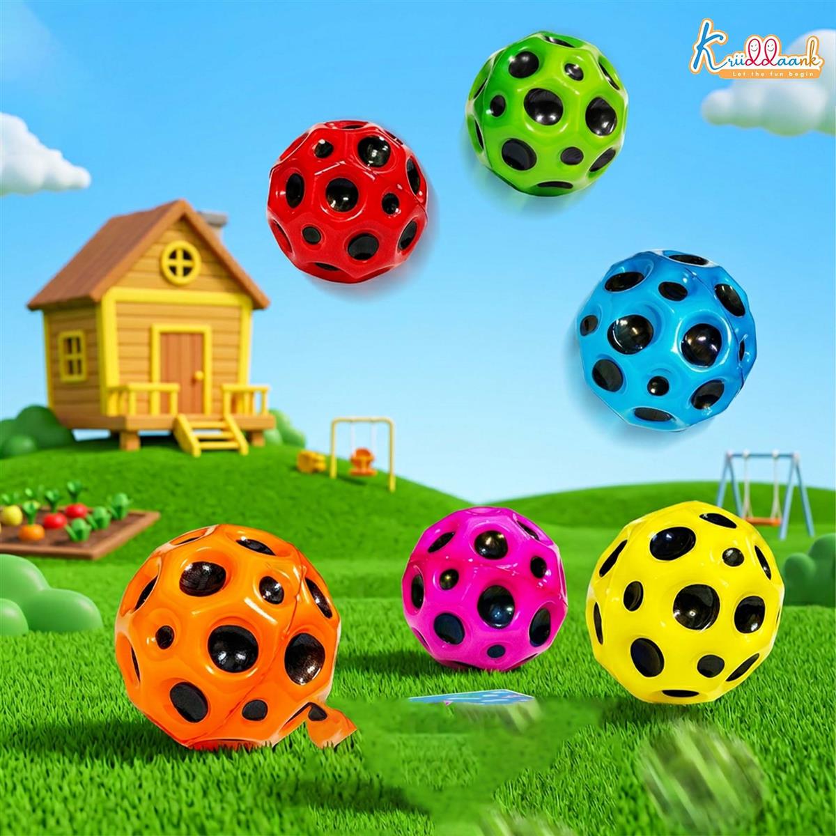 Kriiddaank Moon Bounce Ball Pack of 6 - High Bounce Space Ball for Kids 3+, Non-Toxic Soft Jumping Stunt Ball, Durable Indoor Outdoor Activity Toy, Colorful Toddler Gift Set