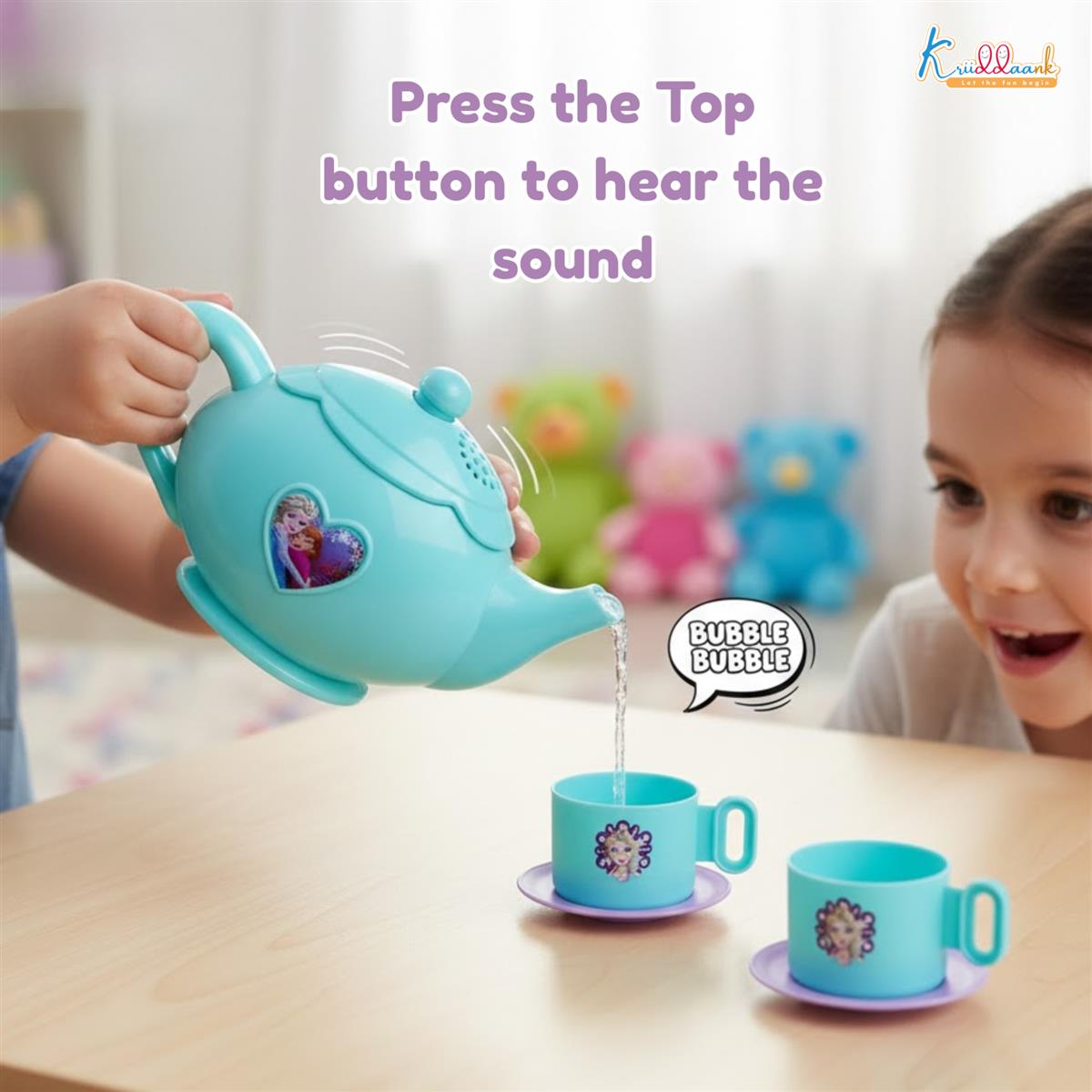 Frozen Tea Trolley Set - 32 Pcs Elsa & Anna Musical Tea Party Playset with Electronic Kettle, Lights & Sound - Pretend Play Kitchen Accessories, Birthday Gift for Kids 3+ Years (Turkish Blue)