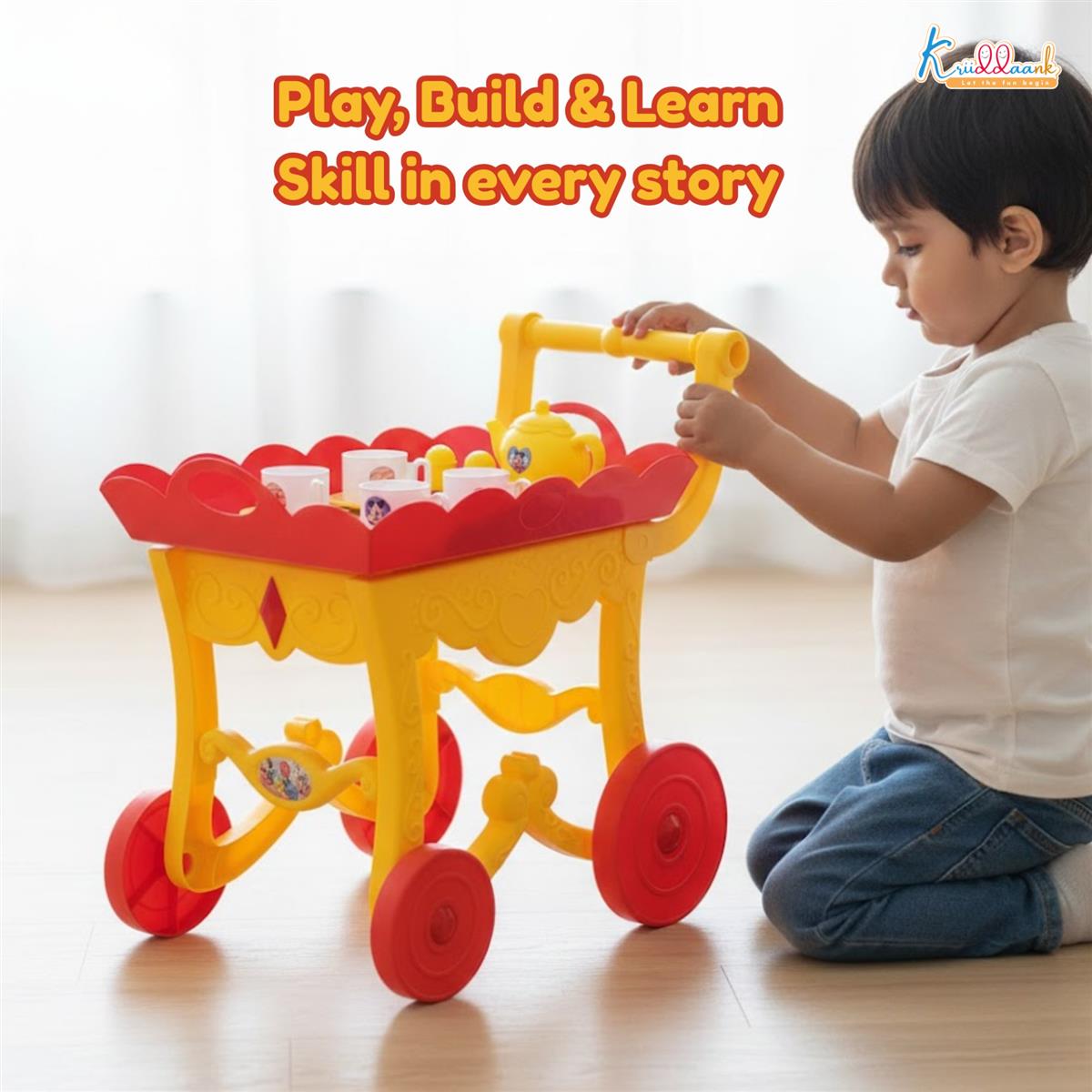 Mickey Tea Trolley - 32 Pcs Disney Character Pretend Play Tea Set for Kids with Lights, Sounds, Electronic Kettle & Saucers, Fun Educational Kitchen Toy for Boys & Girls Age 3+, Red