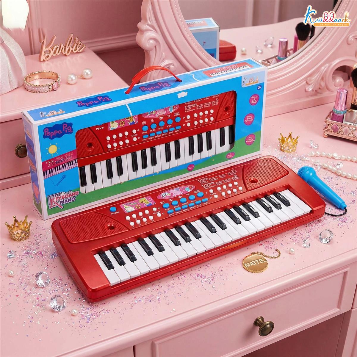 Barbie Keyboard Piano 400 for Kids - 37 Keys Musical Instrument with Microphone, 8 Rhythms & 8 Tones, Learning & Programming Functions, Battery & USB Powered, Pink Musical Toy for Girls 3Y+