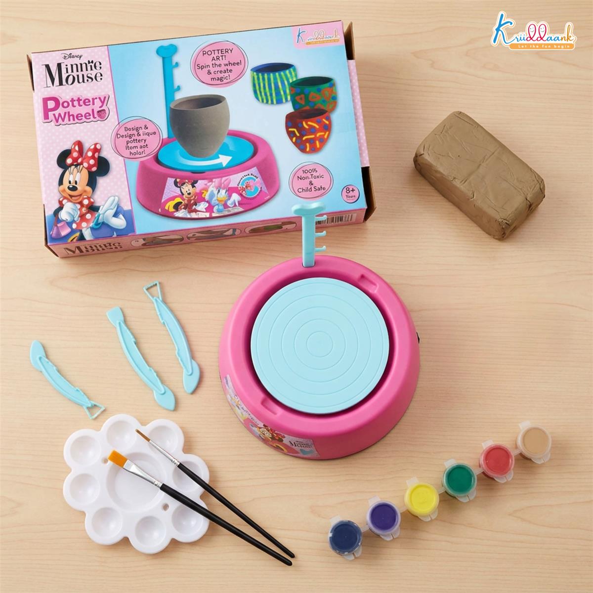 Minnie Pottery Wheel Modeling Set for Kids - Complete DIY Clay Sculpting Art & Craft Kit with 800g Clay, 6 Acrylic Paints & Tools - Educational Musical Toy for Girls Age 8+