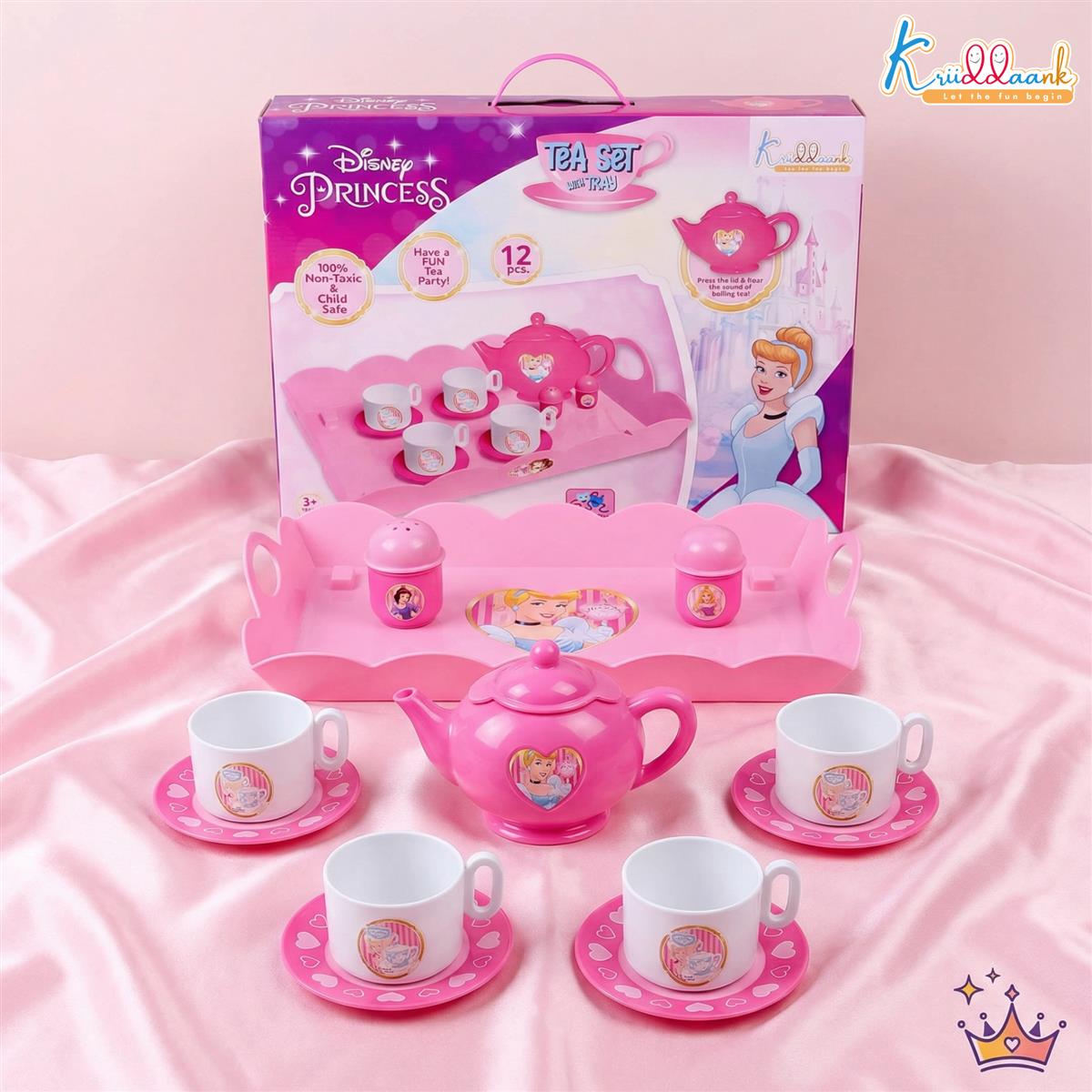 Princess Tea Playset - 12 Pcs Pretend Play Tea Party Set for Kids with Electronic Kettle, Boiling Sounds & Lights - Disney Princess Theme Kitchen Toys for 3+ Year Olds - Safe & Interactive Gift