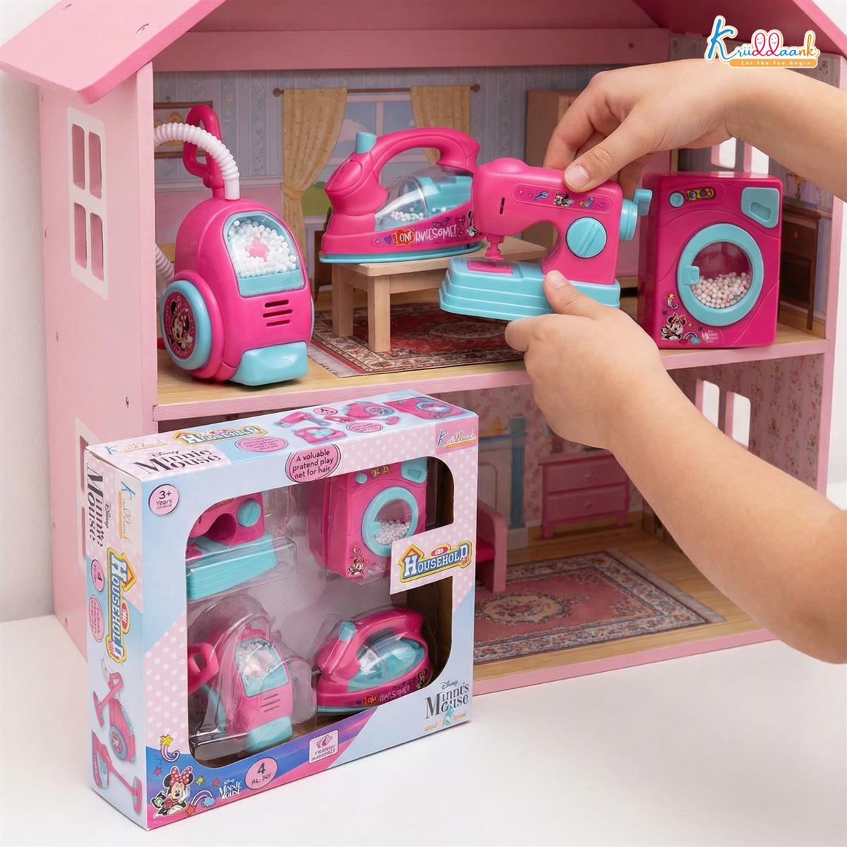 Minnie Mouse Theme Household Role Play Set (4-Piece) - Toy Washing Machine, Vacuum Cleaner, Iron & Hair Dryer with Lights - Educational Pretend Play Gift for Girls 3+ Years Old