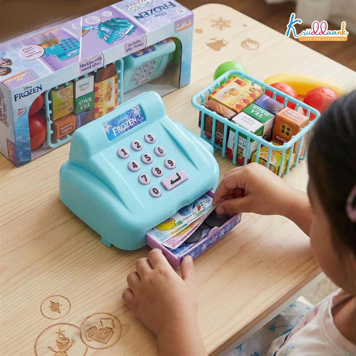 Disney Frozen Cash Register for Kids - 29 Pcs Pretend Play Set with Credit Card Scanner, Music & Sound Effects - Educational Math & Money Learning Toy for Girls & Boys 3+ Years - Turkish Blue