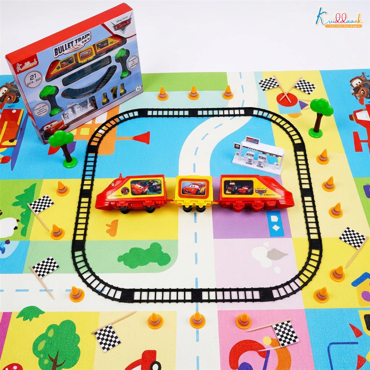 Kriiddaank Disney Pixar Cars Electric Bullet Train Set - Lightning McQueen & Friends Theme, Diecast Metal Miniature Realistic Railway Playset, Battery Operated Toy for Kids 3+ (Multicolor)