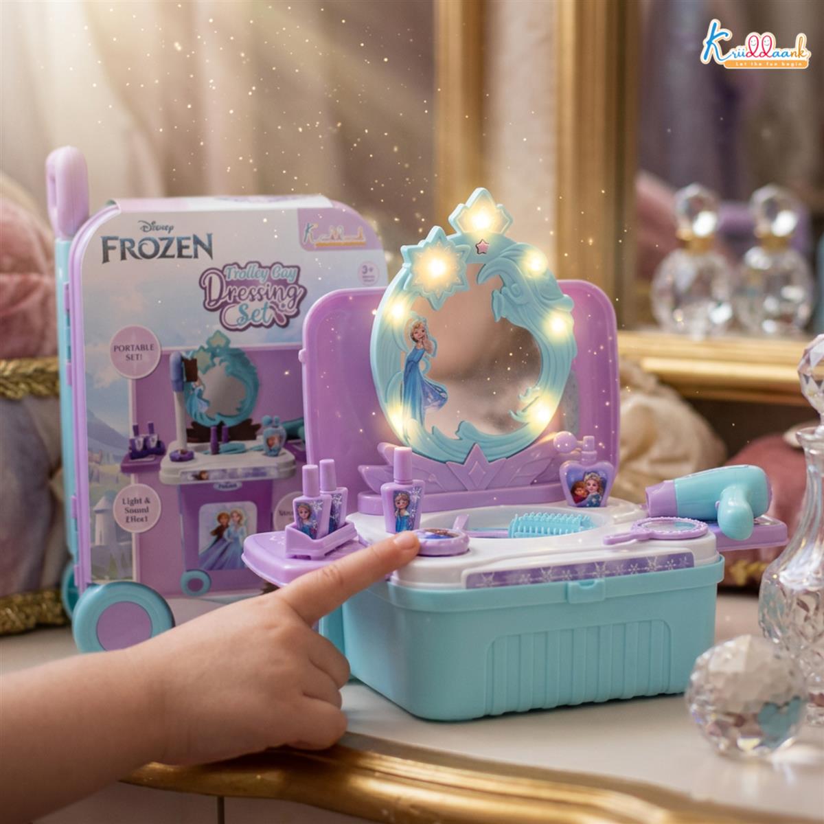 Kriiddaank Frozen Dressing Set for Girls - Elsa & Anna Pretend Play Beauty Makeup Kit with Trolley, Lights & Music, 15 Pcs Educational Styling Toy for Kids Age 3+, Turkish Blue
