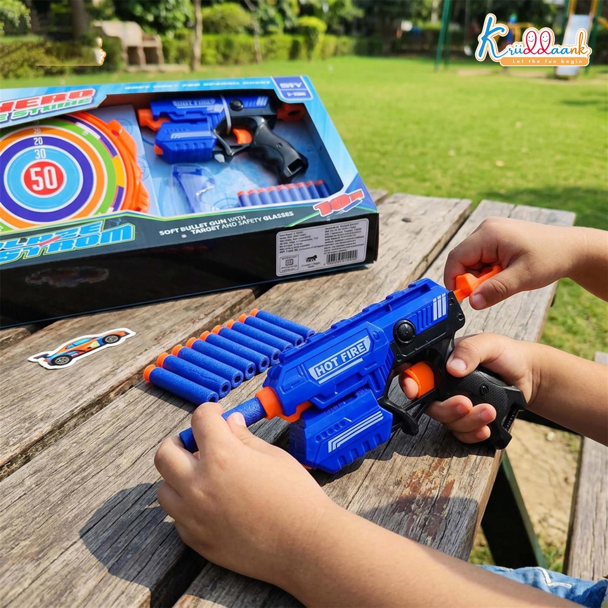 Kriiddaank X Hero Soft Bullet Blaster Gun Toy for Kids with 10 Foam Darts, Target Board, and Safety Glasses | Long Range Single-Shot Shooting Playset | Ideal Gift for Boys & Girls 3+ Years