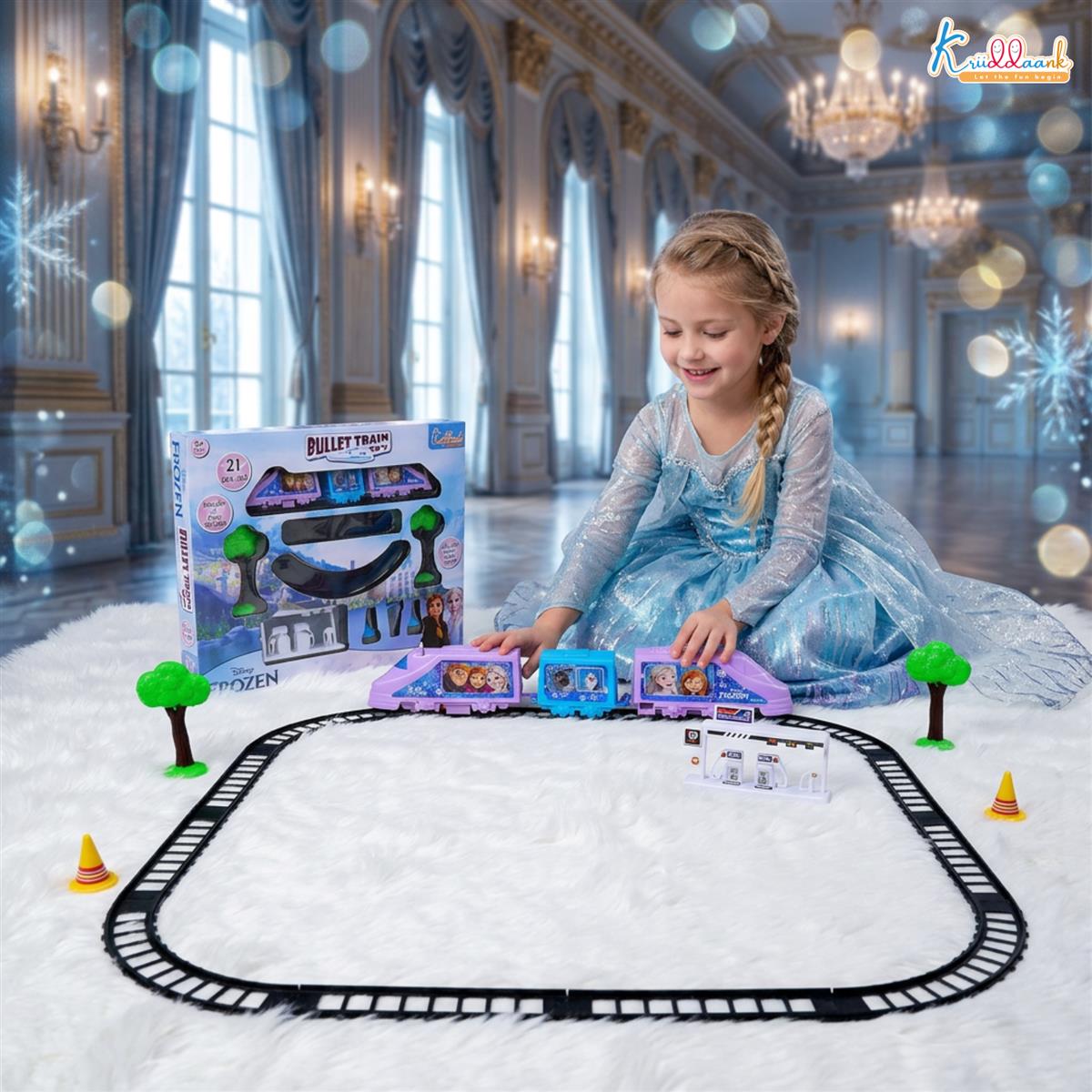 Kriiddaank Frozen Theme Train Set - Disney Elsa & Anna Battery Operated Toy Playset for Girls, 21 Pieces Easy-to-Assemble Tracks with Sound Effects, Educational Gift for Kids 3+ Years, Turkish Blue