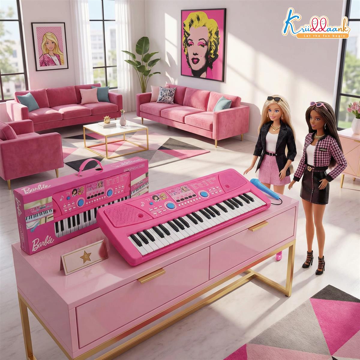 Barbie 50 Keys Musical Keyboard Piano for Kids with Microphone, 16 Rhythms, 8 Instrument Sounds, 16 Tones, Dual Power (USB/Battery), Learning & Educational Toy for Girls Age 3+, Pink