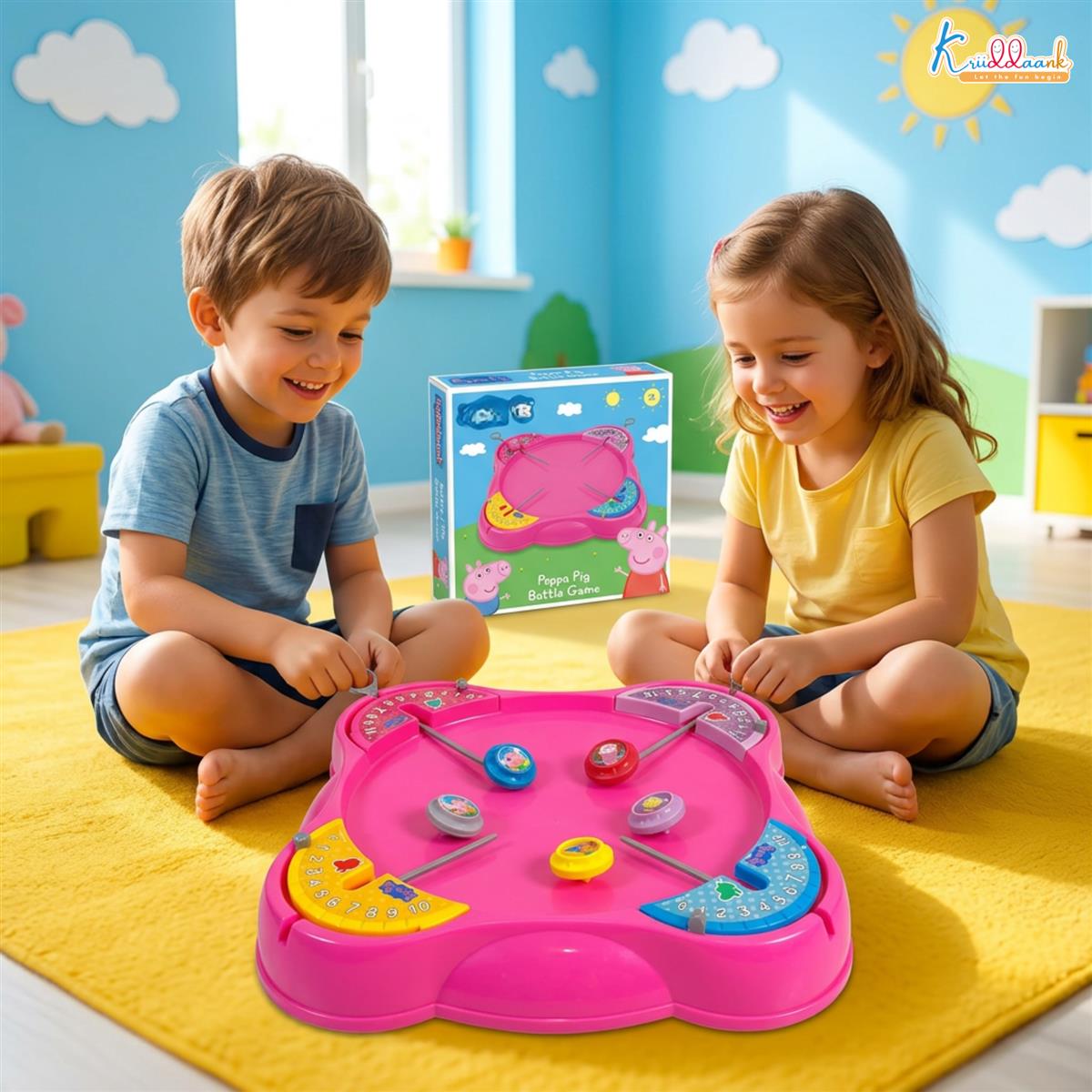 Kriiddaank Peppa Pig Theme Spinning Top Battel Game with Arena Base - Beyblade Style Battle Set for Kids 5+ Years - 4 Tops & Rip Cords - Multiplayer Educational Toy for Boys & Girls (Pink)