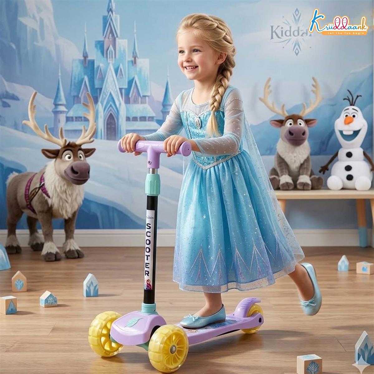 Kriiddaank Disney Frozen Adventure 3-Wheel Kick Scooter for Kids - 5-Level Adjustable Height, Easy Fold Design, Light Up PVC Wheels & Manual Brake - For Boys & Girls Ages 3-12 (Turkish Blue, 25kg)