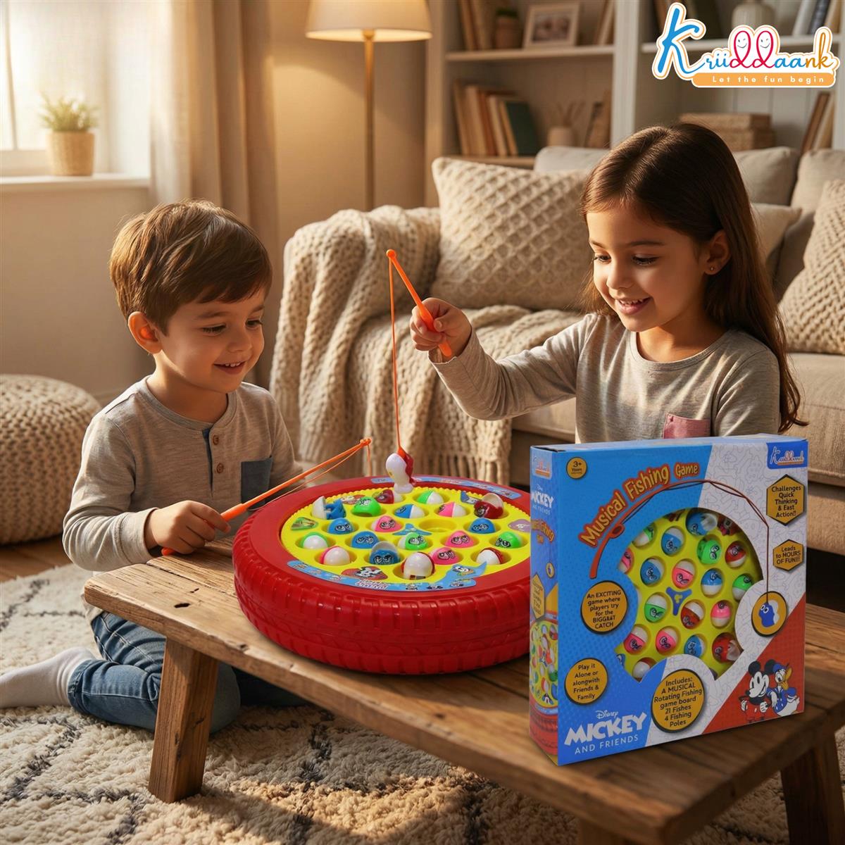 Mickey Mouse Musical Fishing Game - Battery Operated Educational & Learning Toy for Kids - Includes 21 Fishes & 4 Fishing Poles - Interactive Board Game for Boys & Girls Ages 3+