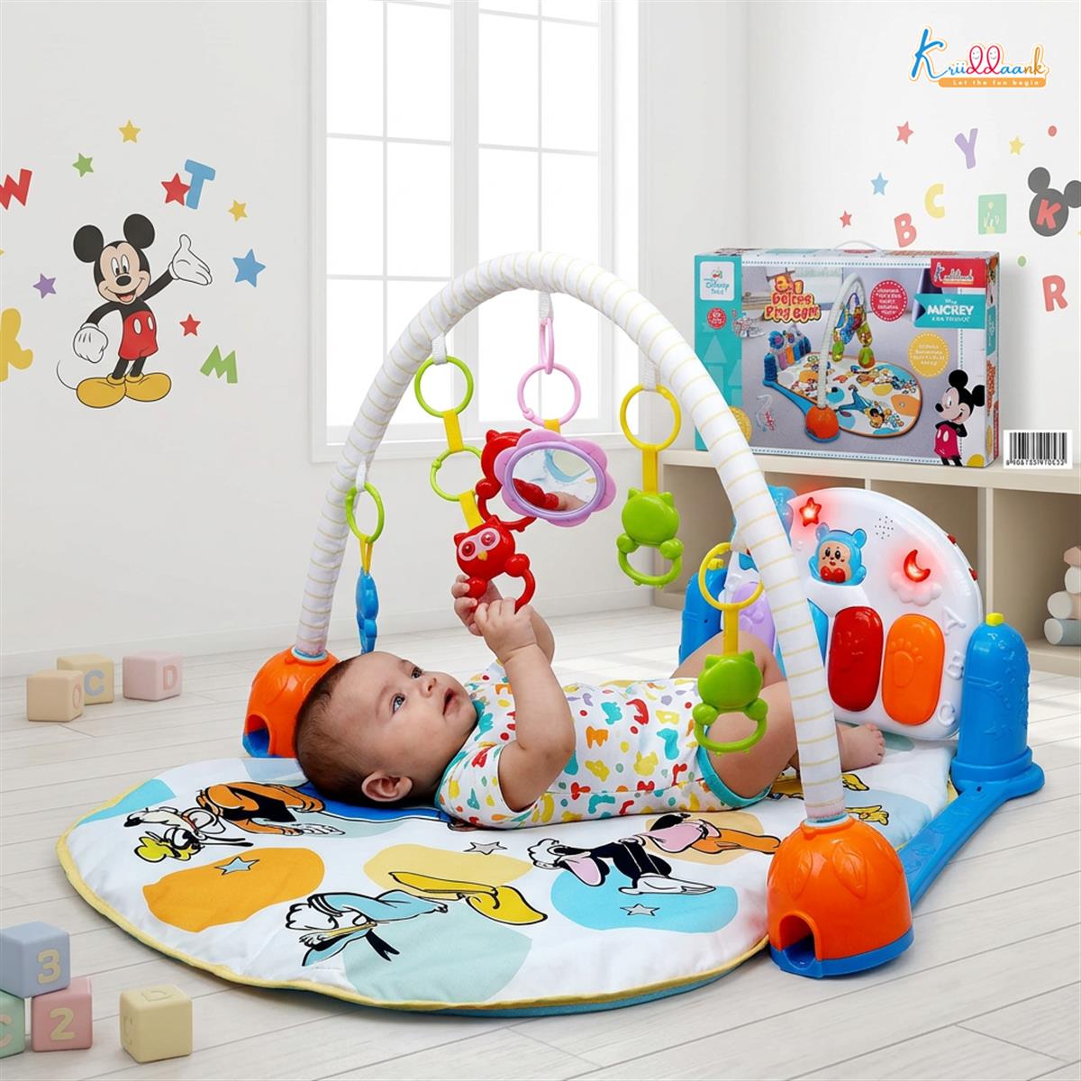 Mickey Theme Musical Baby Gym with Piano Keyboard, Lights & Hanging Rattles - Activity Play Mat for Infants & Toddlers (0-3 Years) - Extra Cushioned Tummy Time Mat for Boys & Girls