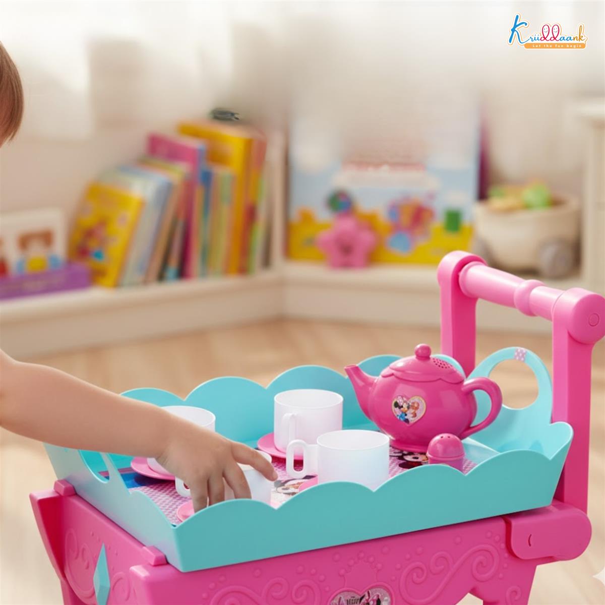 Minnie Tea Trolley Set for Kids - 32 Pcs Pretend Play Tea Party Toy with Electronic Kettle, Lights & Music - Battery Operated Educational Kitchen Set, Pink, Gift for Girls Age 3+