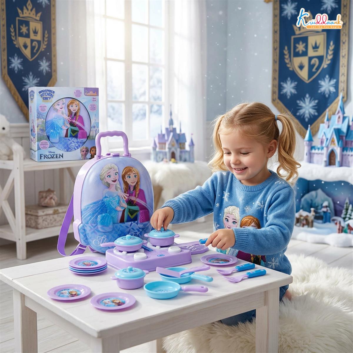 Disney Frozen Backpack Kitchen Gift Set for Kids - 21 Pcs Pretend Play Cooking Set with Music & Accessories - Portable Kitchen Toy for Girls 3+ Years - Turkish Blue