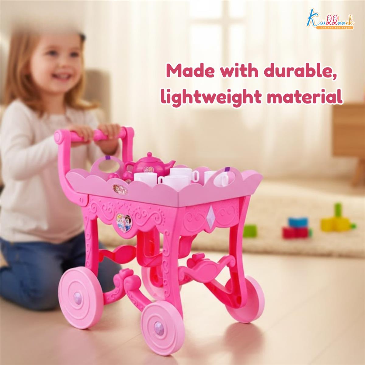 Disney Princess Musical Tea Trolley Set for Kids - 32 Pcs Pink Pretend Play Tea Party Cart with Interactive Sound Effects - Ideal Birthday Gift for Toddlers and Girls Aged 3+ Years