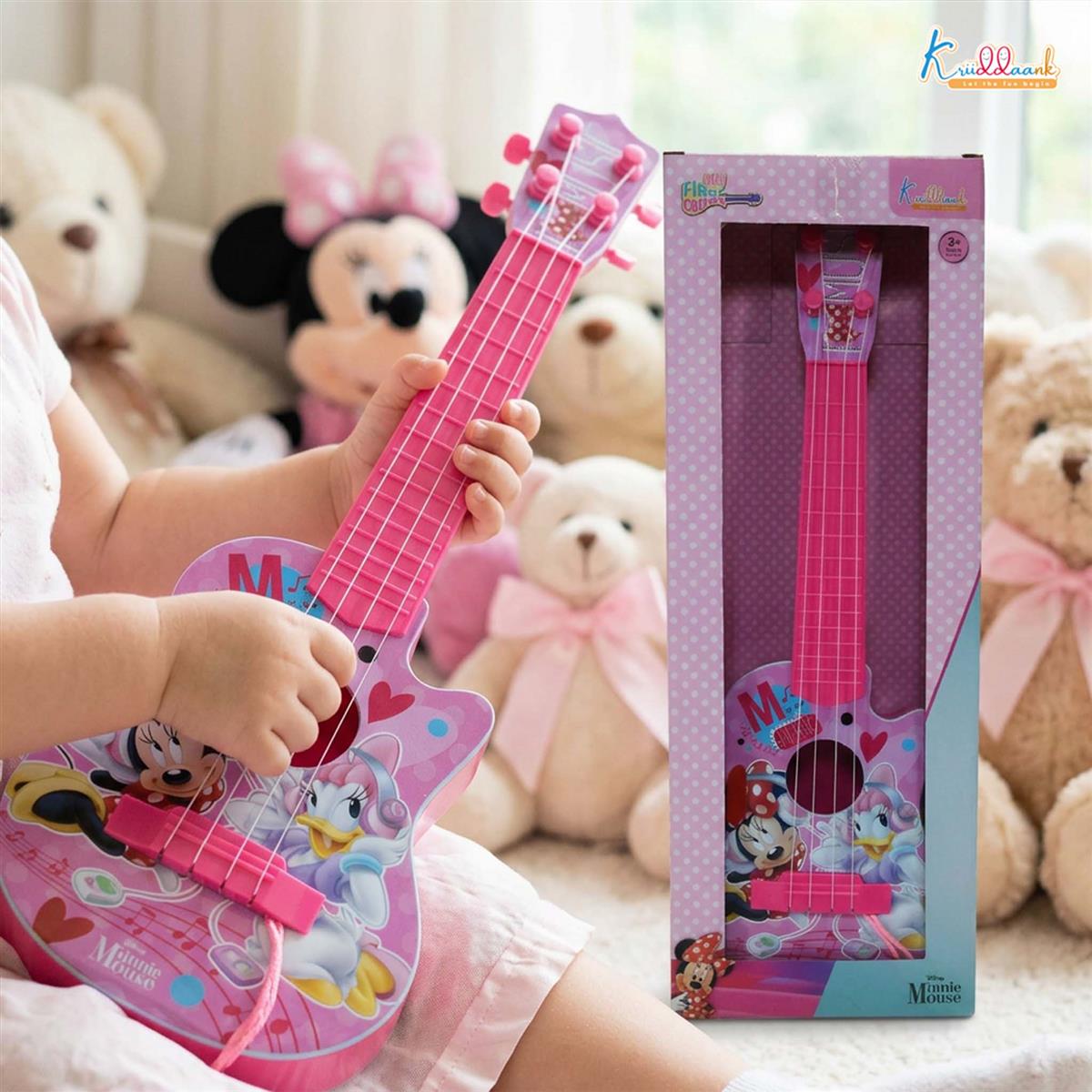 Minnie Mouse Theme 4-String Toy Guitar for Girls - Lightweight & Durable Educational Musical Instrument for Toddlers - Pink Disney Character Guitar for Kids Ages 3+, 43cm