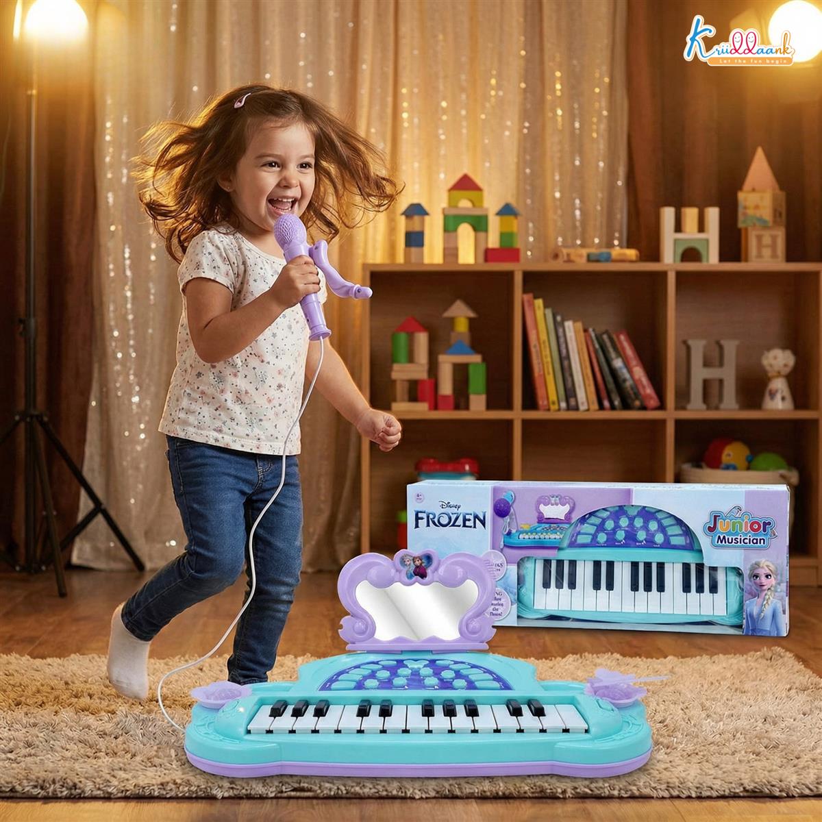 Frozen Junior Musician Elsa-Anna Music Set - Kids Piano with Microphone, Karaoke Function, 25 Songs & 5 Percussion Instruments, Dual Power (USB/Battery), Educational Toy for Girls Ages 3+, Blue