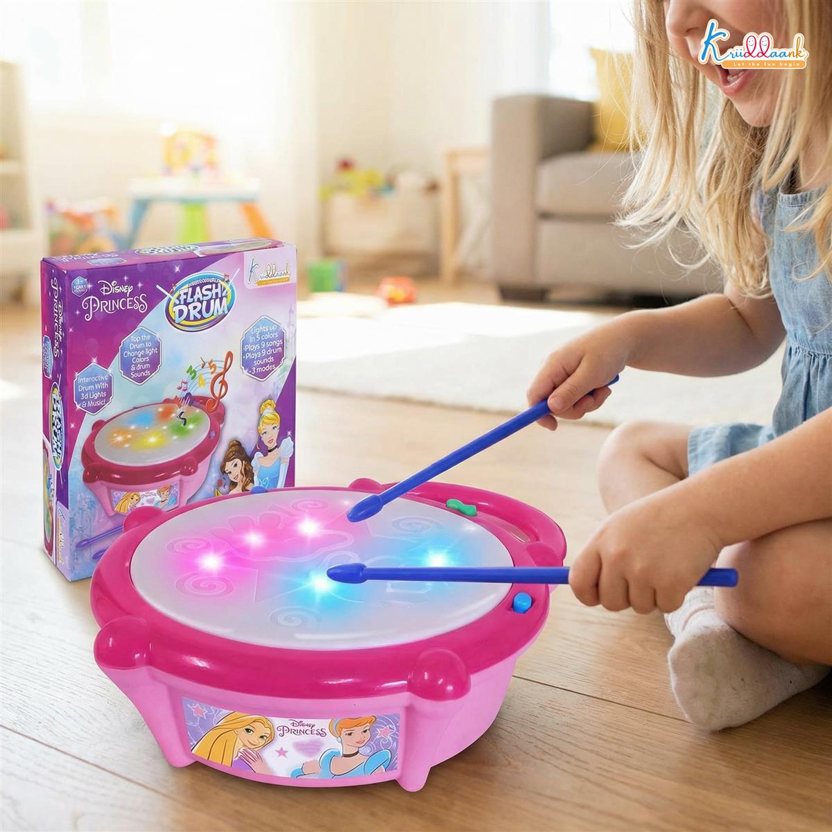 Disney Princess Flash Drum Toy for Girls - Musical Light-Up Drum with 3D LED Lights, 9 Songs & Drum Sounds, 3 Modes - Interactive Educational Toy for Kids Aged 3+ Years (Pink)