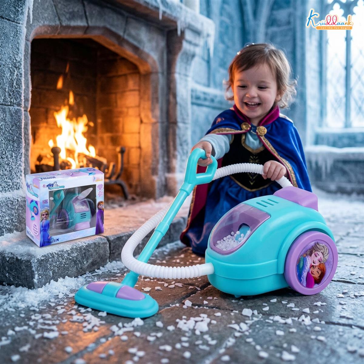 Frozen Theme Mini Vacuum Cleaner Toy for Kids - Battery-Operated Educational Pretend Play Cleaning Set with Lights, Turkish Blue, Safe & Interactive Housekeeping Toy for Boys & Girls Ages 3+