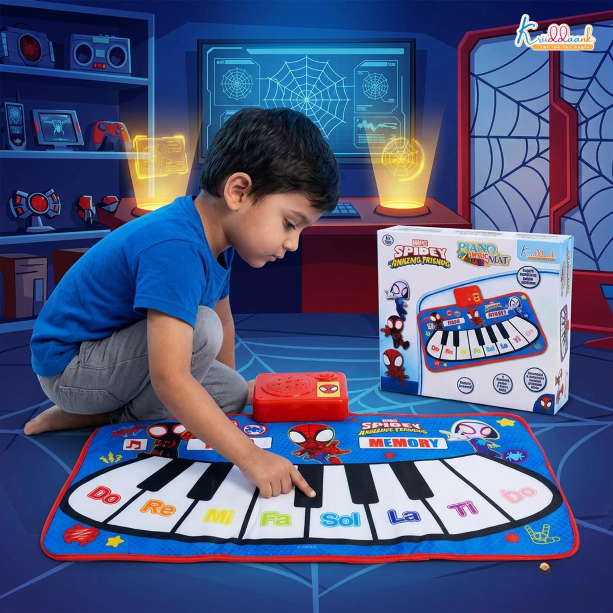 Spiderman Piano Music Play Mat for Kids - Interactive Touch Sensitive Floor Keyboard with 8 Piano Keys & 3 Function Modes, Portable Roll-Up Educational Toy for Toddlers & Children 3+ Years Old