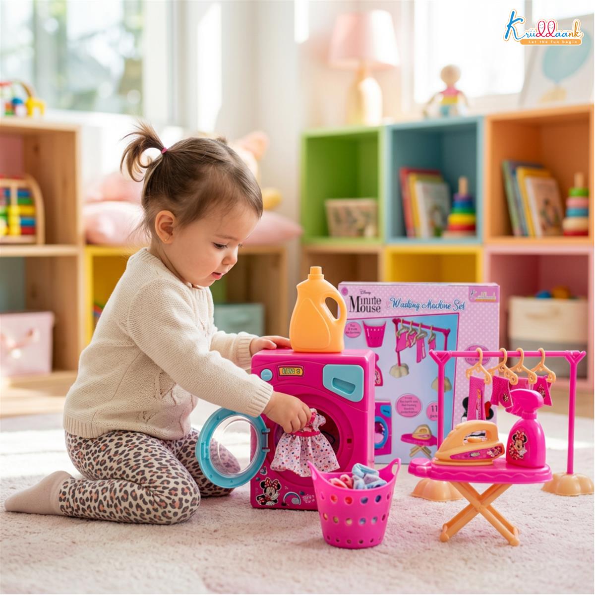 Kriiddaank Minnie Theme Washing Machine Toy - 15-Piece Interactive Pretend Play Laundry Set with Music, Ironing Board & Accessories - Pink Educational Disney Magic Gift for Toddlers Ages 3+