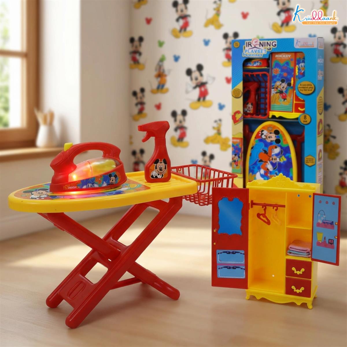 Disney Mickey Mouse Ironing Playset for Kids - 8-Piece Portable Toy Set with Light & Sound Iron, Ironing Stand, Cupboard, Water Spray & Basket - Fun Educational Pretend Play Gift for Ages 3+
