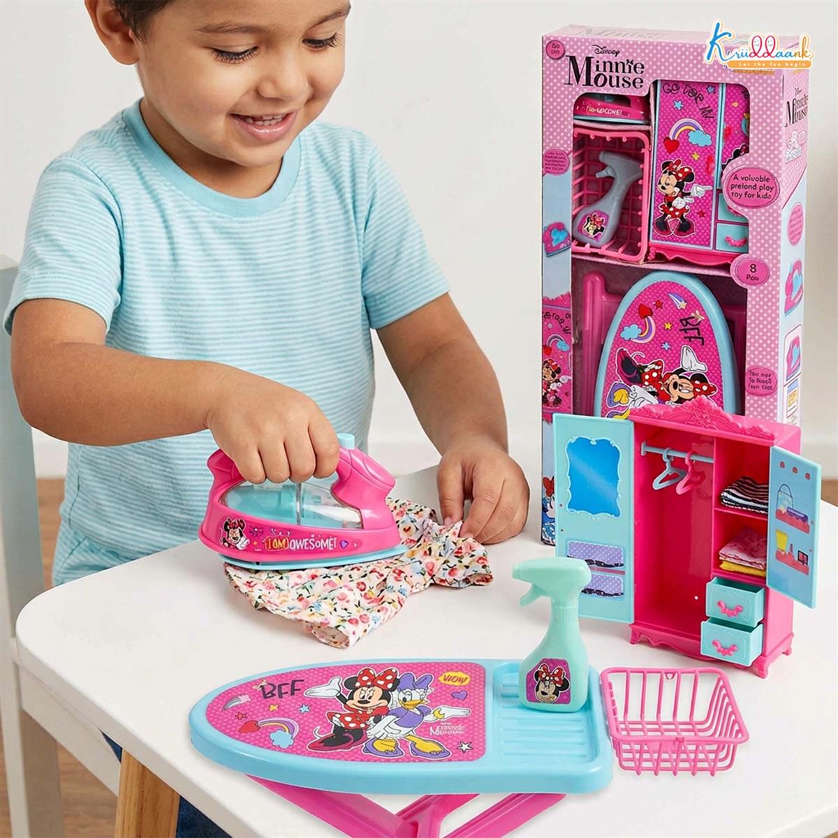 Minnie Mouse Iron Playset for Kids - 8 Piece Portable Ironing Stand & Cupboard Set with Lights & Sounds - Pink Pretend Play Household Toy with Water Spray, Basket & Hanger for Girls Age 3+