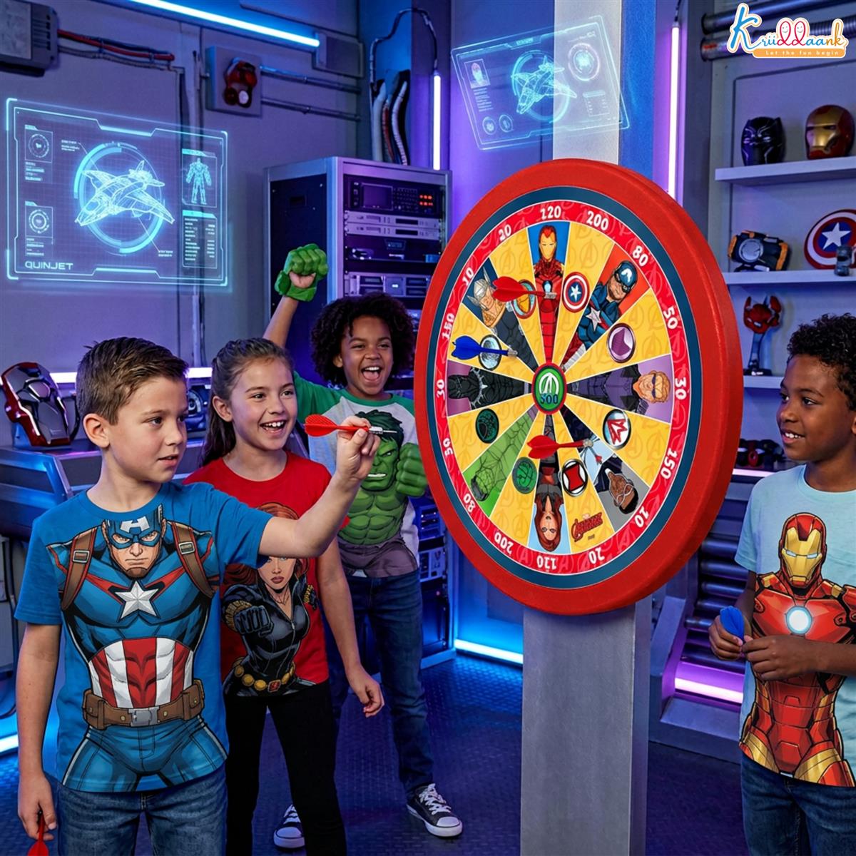 Kriiddaank Avengers 2-in-1 Double Fun Dartboard & Ludo Game for Kids - Safe Magnetic Indoor Wall Target Shooting Game, Marvel Themed Superhero Toys for Boys & Girls Age 3+, Durable MDF Board