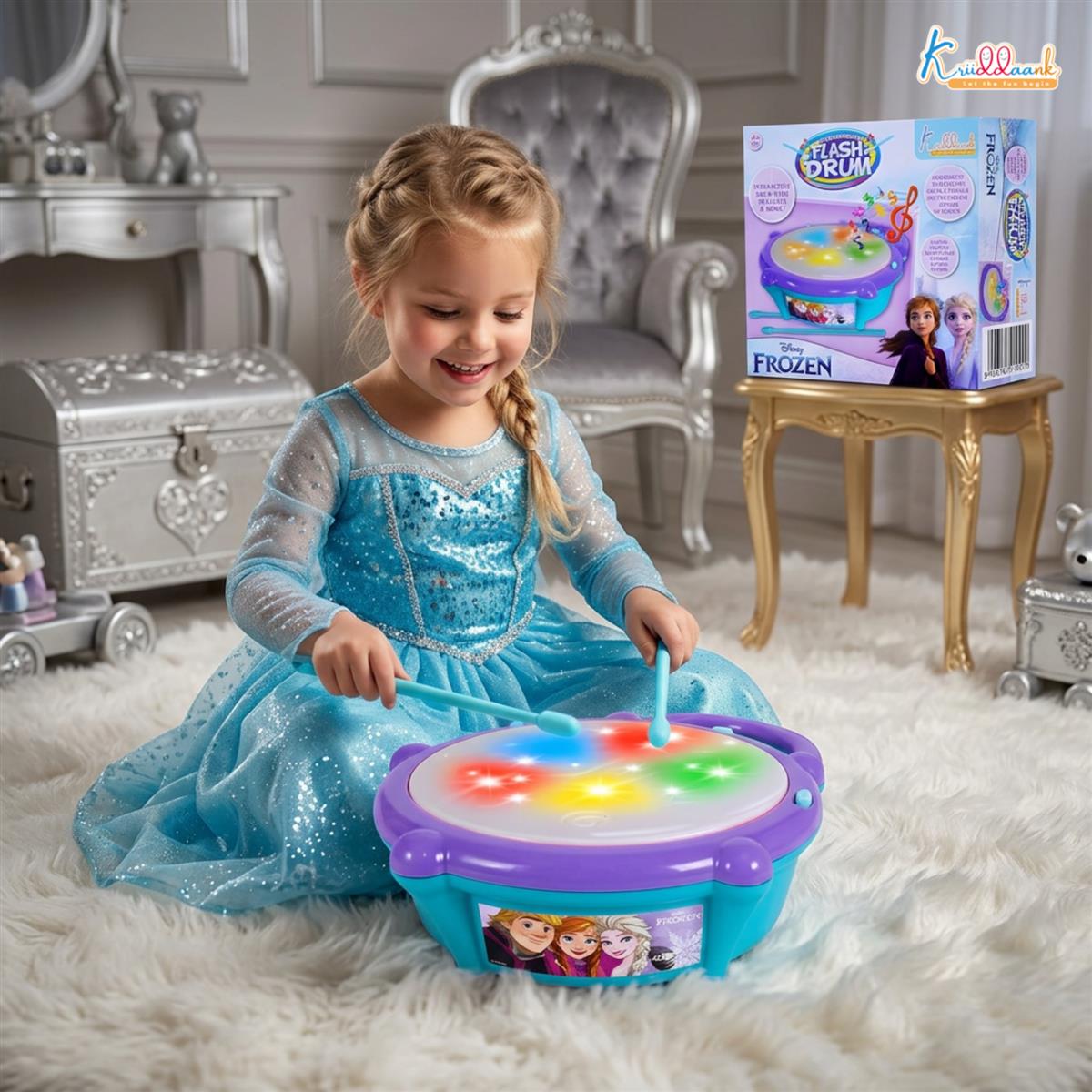 Frozen Elsa & Anna Flash Drum Toy for Toddlers - Battery Operated Musical Instrument with 3D 5-Color LED Lights & 9 Songs - Interactive Educational Toy for Kids Age 3+ Years